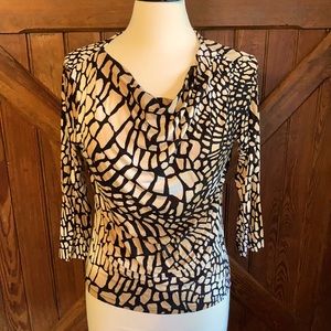 St John giraffe brown animal print asymmetrical mini cowl neck 3/4 sleeve.  S
